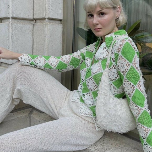 ZARA GREEN CROCHETED TOP SIZE S 2731/291 WHITE SIZE SMALL NWT LONG SLEEVE - Picture 2 of 9